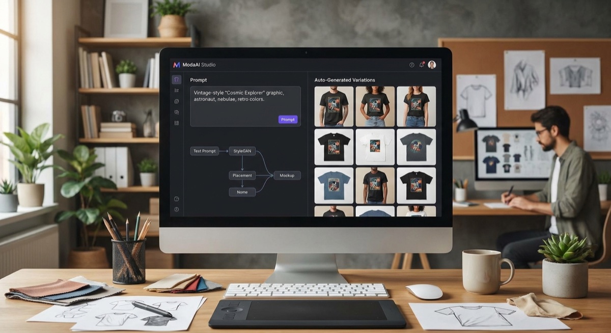 AI design generation tool creating print on demand t-shirt mockups