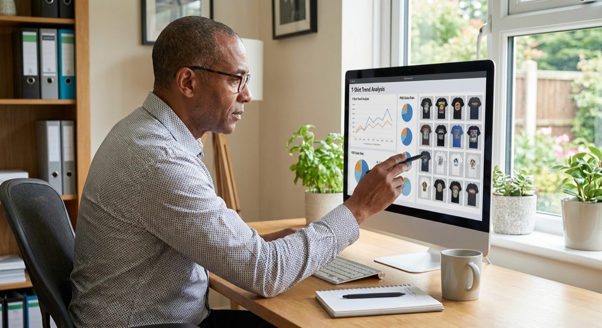 Entrepreneur researching winning print on demand designs on computer showing sales analytics