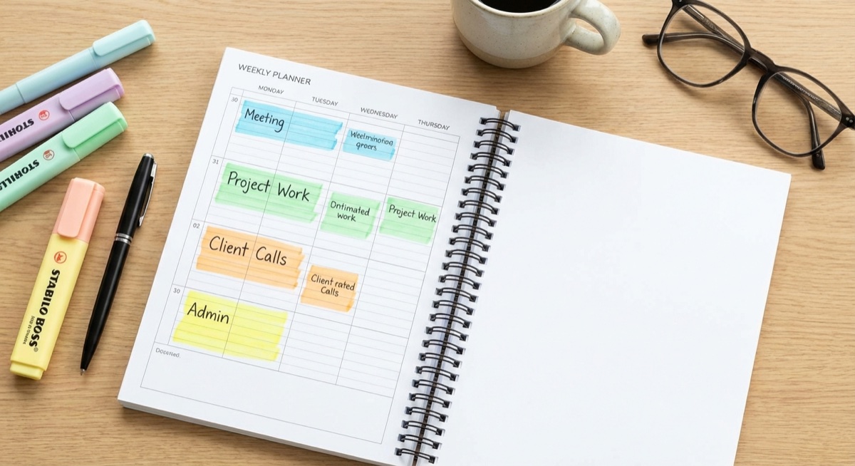 Weekly planner showing color-coded schedule for print-on-demand business tasks