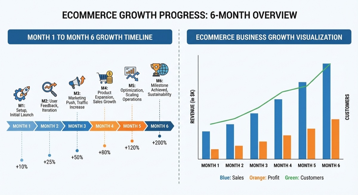 Progress timeline showing print-on-demand business growth over 6 months