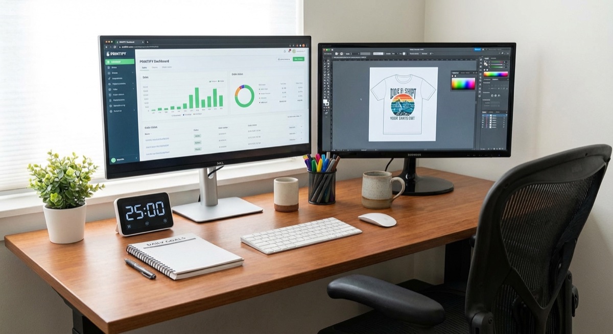 Productive home office setup with print-on-demand dashboard on multiple monitors