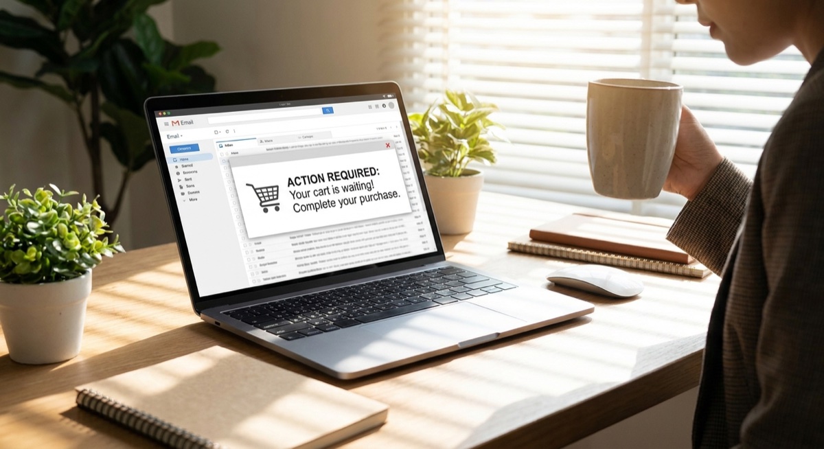 Abandoned cart reminder email notification on laptop screen in home office