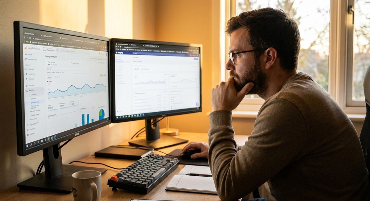 Entrepreneur making data-driven decisions with analytics dashboard