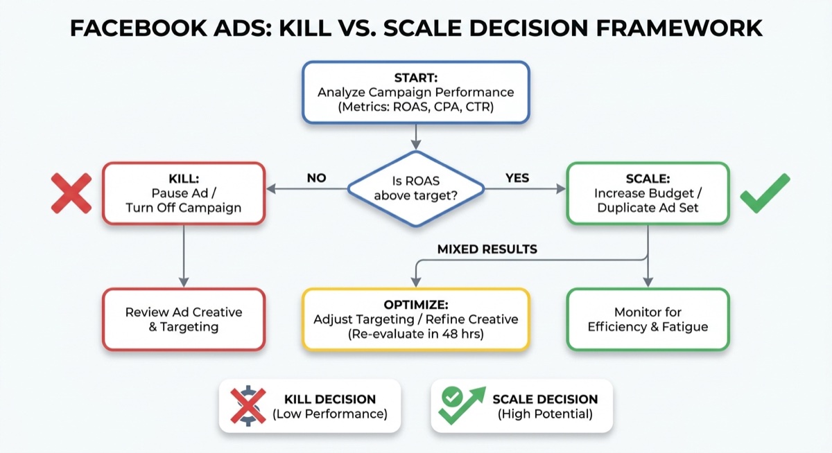 Decision flowchart for killing or scaling Facebook ads