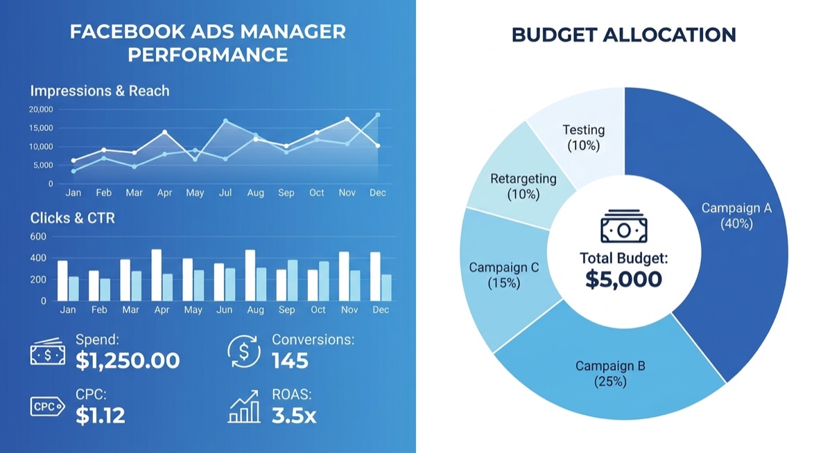 Facebook Ads Manager metrics and budget allocation chart for POD sellers
