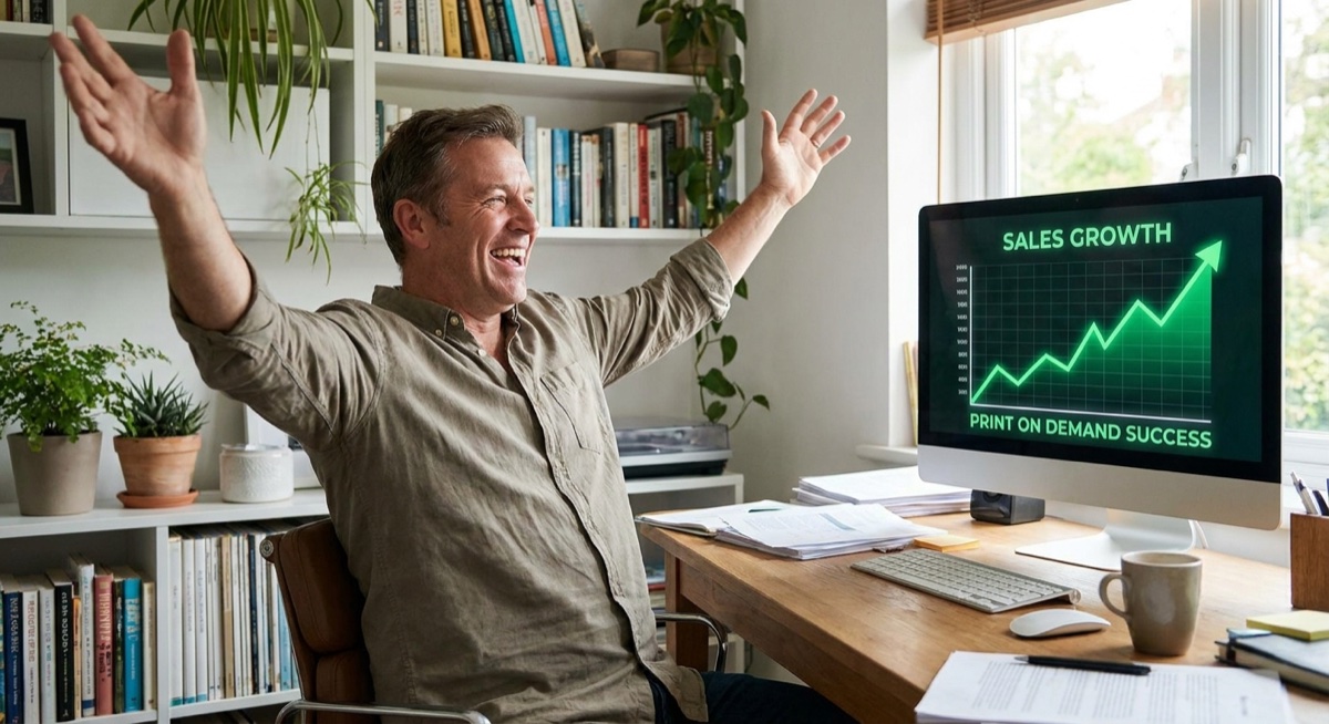 Print on demand entrepreneur celebrating first successful Facebook ad campaign