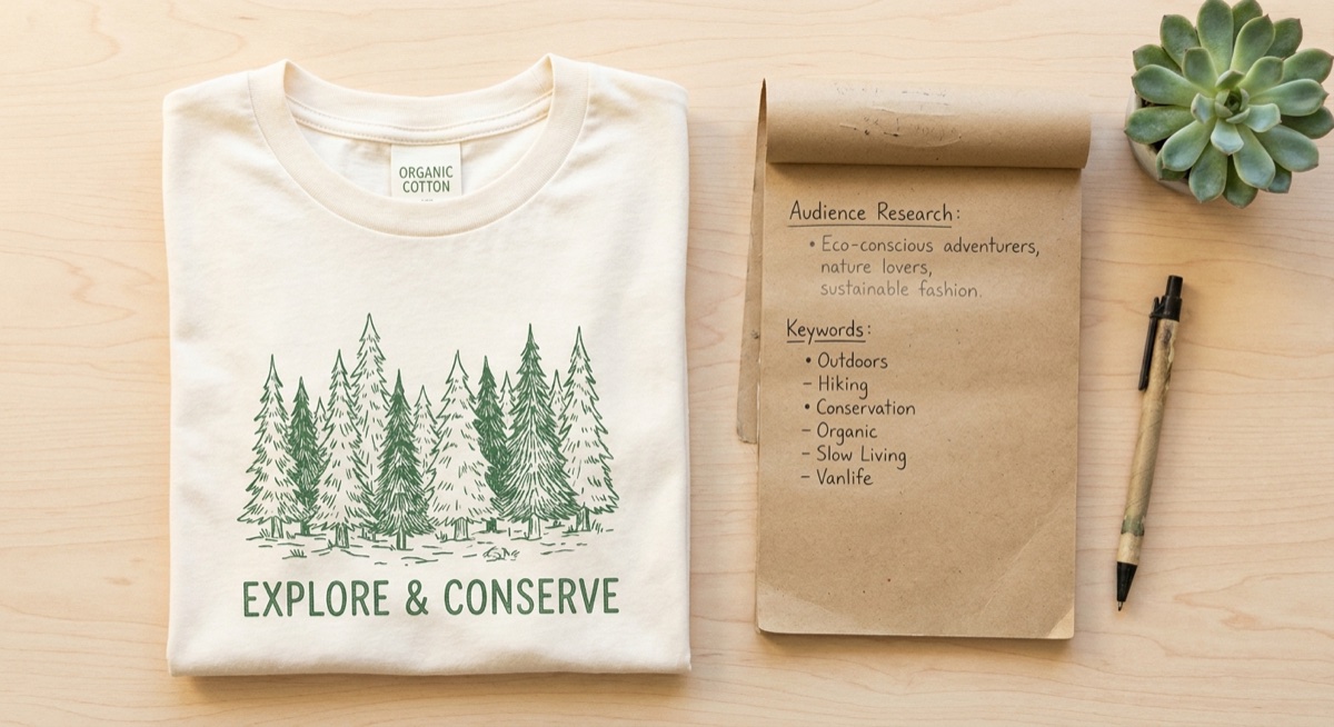 Print on demand t-shirt design with audience research notes for Facebook ad targeting