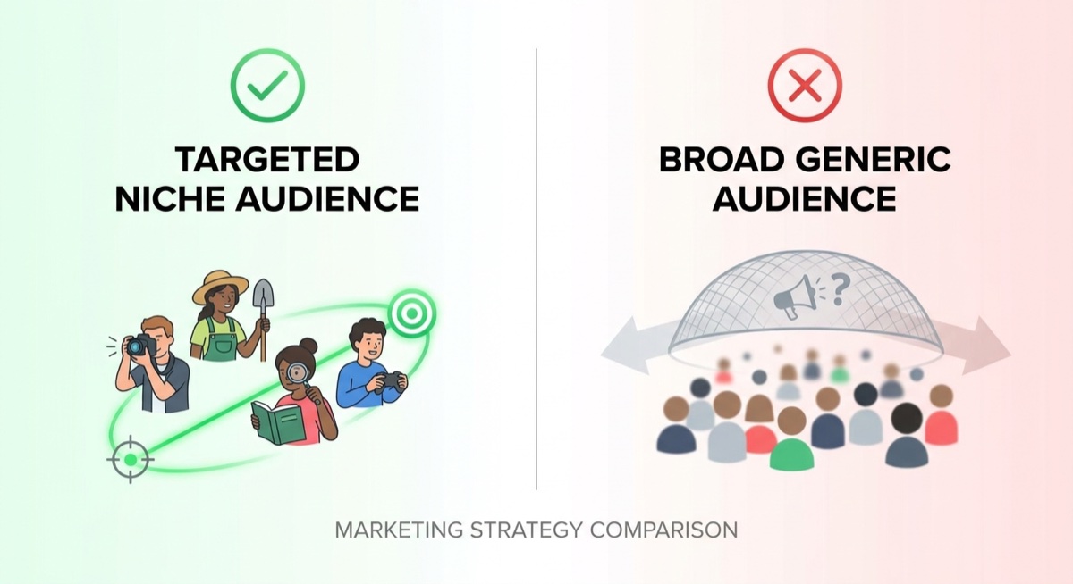 Comparison showing targeted niche audience versus broad generic audience for Facebook ads
