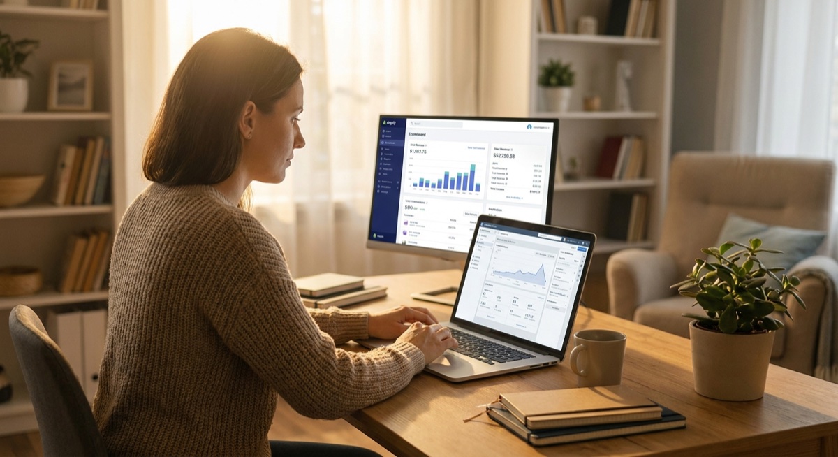 Entrepreneur working on Facebook Ads Manager with tracking dashboard