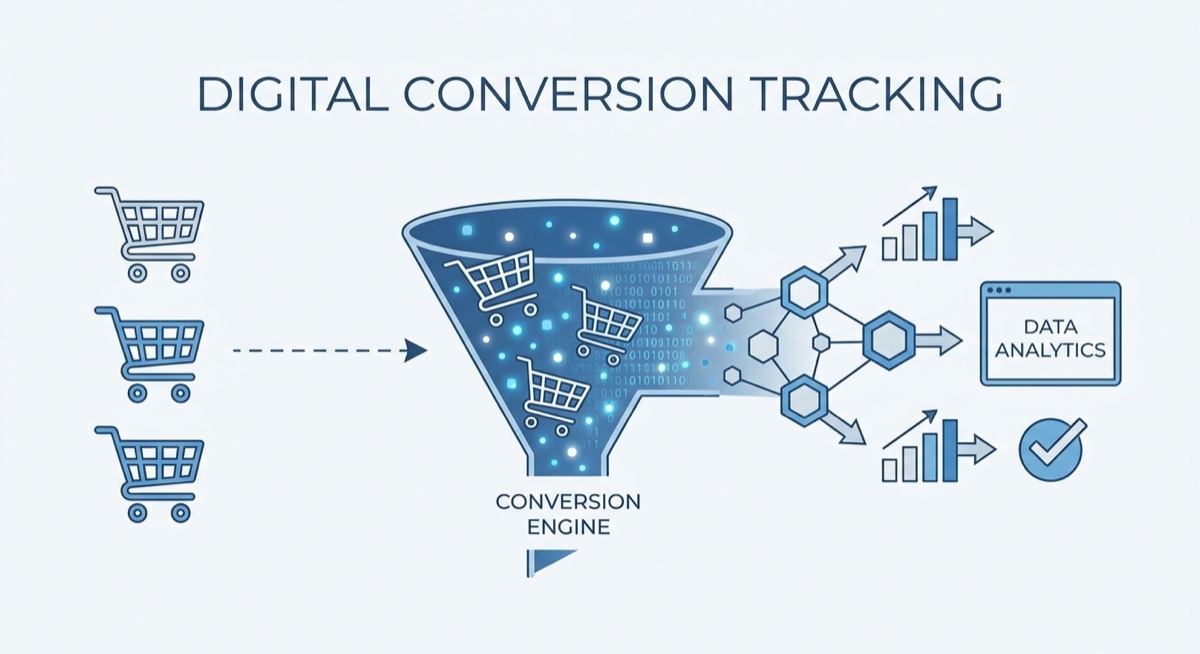 Digital conversion tracking concept with data flow visualization