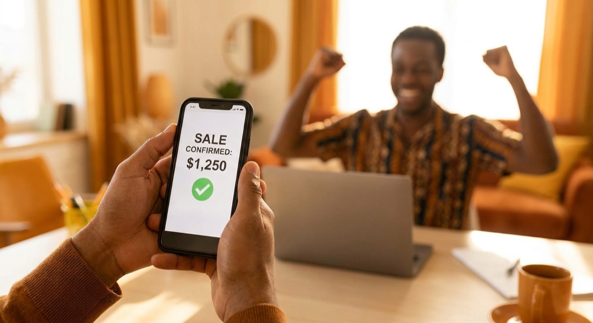 Success moment with online sale notification on smartphone