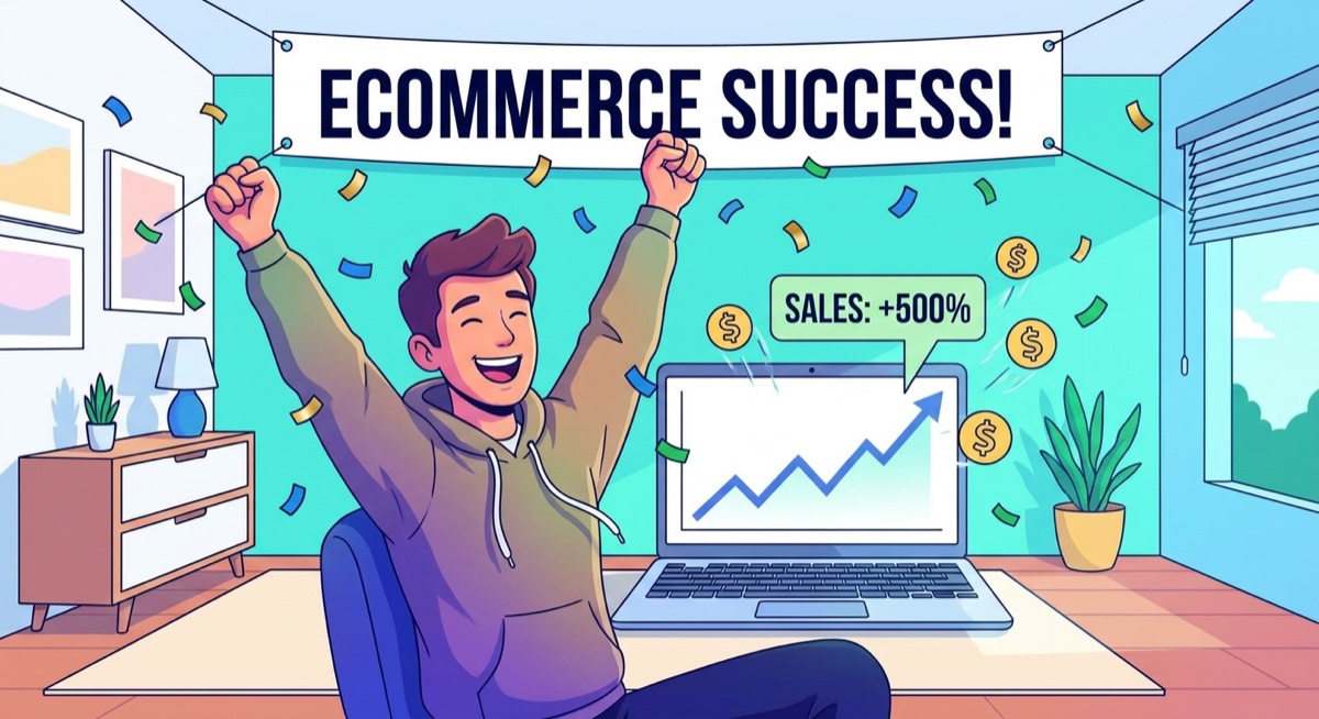 Print on demand student celebrating sales success at laptop