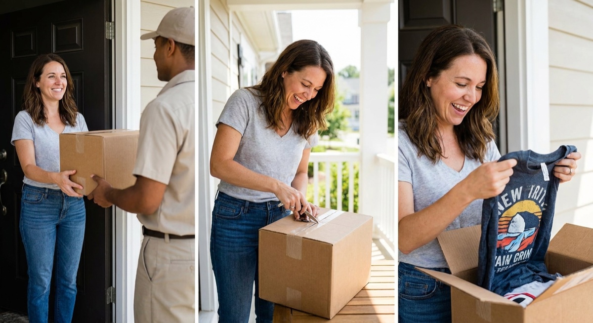 Happy customer receiving print on demand package at front door