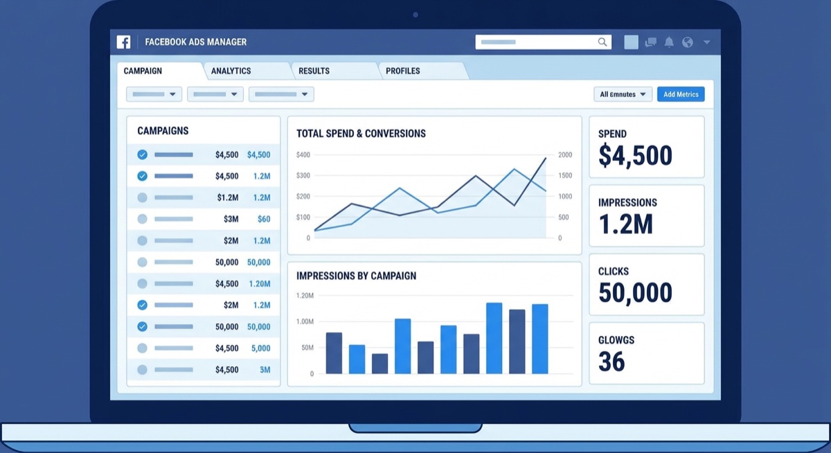 Facebook Ads Manager dashboard showing campaign performance metrics and analytics