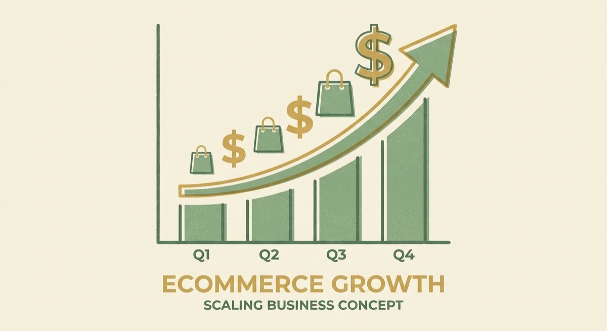 Growth chart showing upward scaling trajectory with dollar signs and shopping indicators