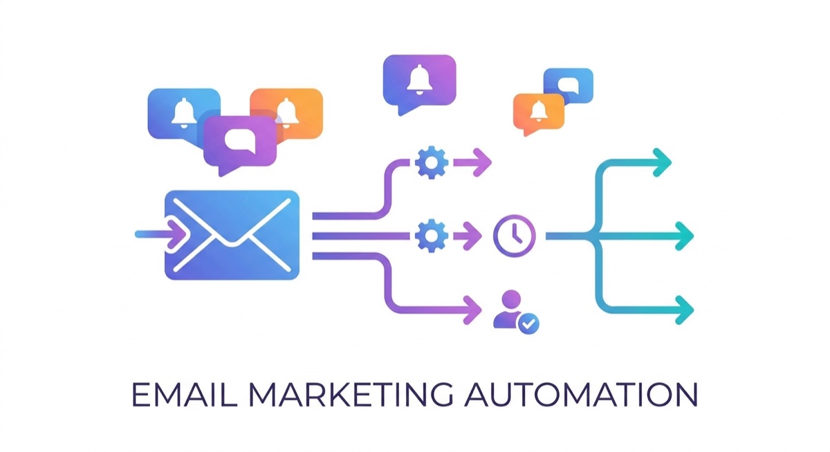 Email marketing automation workflow with envelope icons and notification symbols