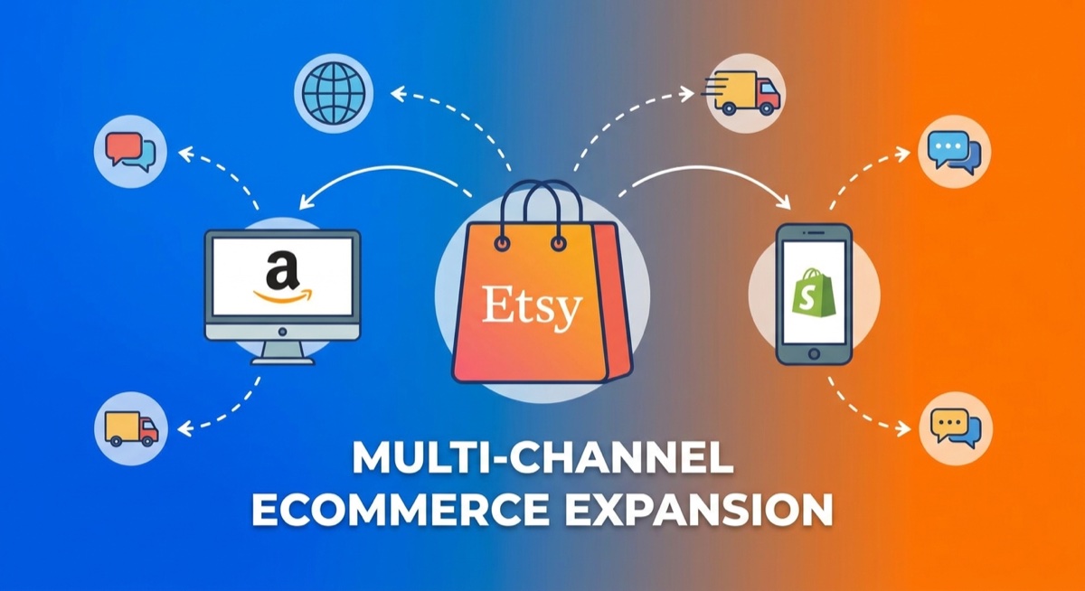 Multiple ecommerce platform icons connected showing multi-channel expansion strategy