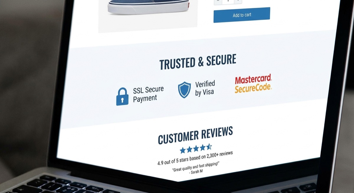 Trust badges and secure checkout icons on ecommerce product page
