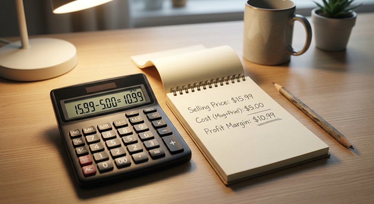 Calculator and notepad showing ROAS calculation for print on demand ads