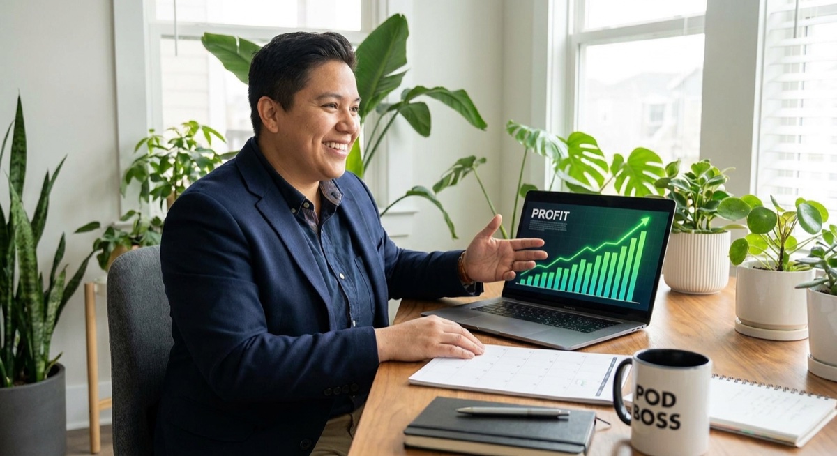 Business owner celebrating profitable ad scaling with growth chart