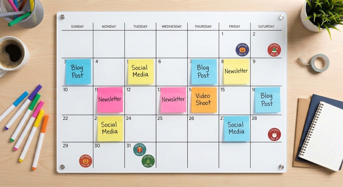 Content calendar planning template with sticky notes and holiday markers