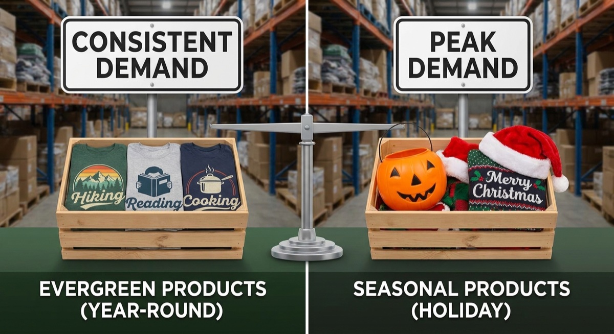 Visual comparison of evergreen versus seasonal products in a balanced portfolio