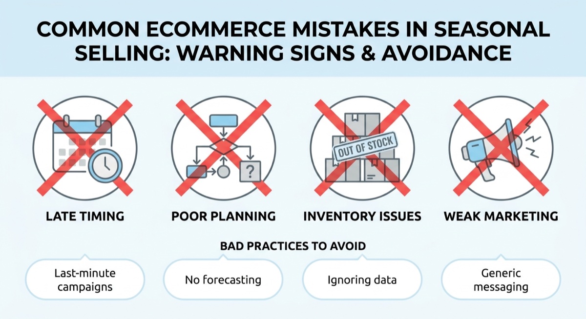 Visual showing common mistakes to avoid in seasonal POD selling with warning indicators