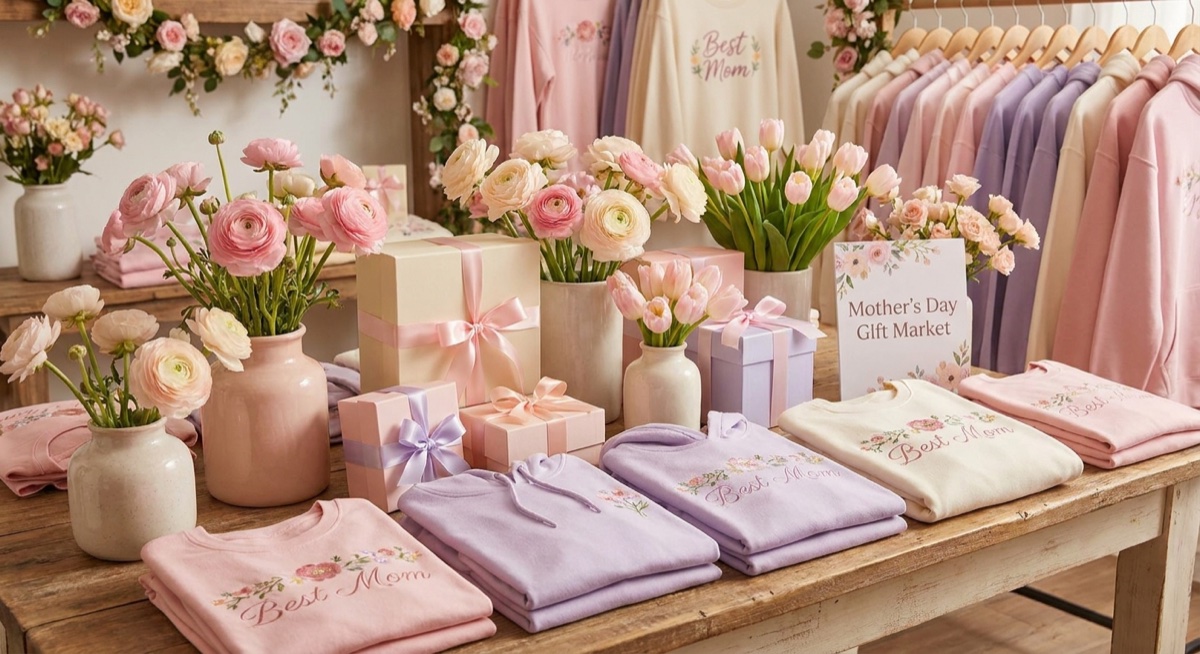 Mother's Day gift shopping concept with flowers and apparel items
