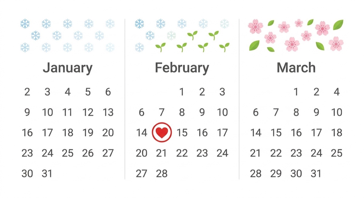 Q1 calendar showing January through March with Valentine's Day highlighted