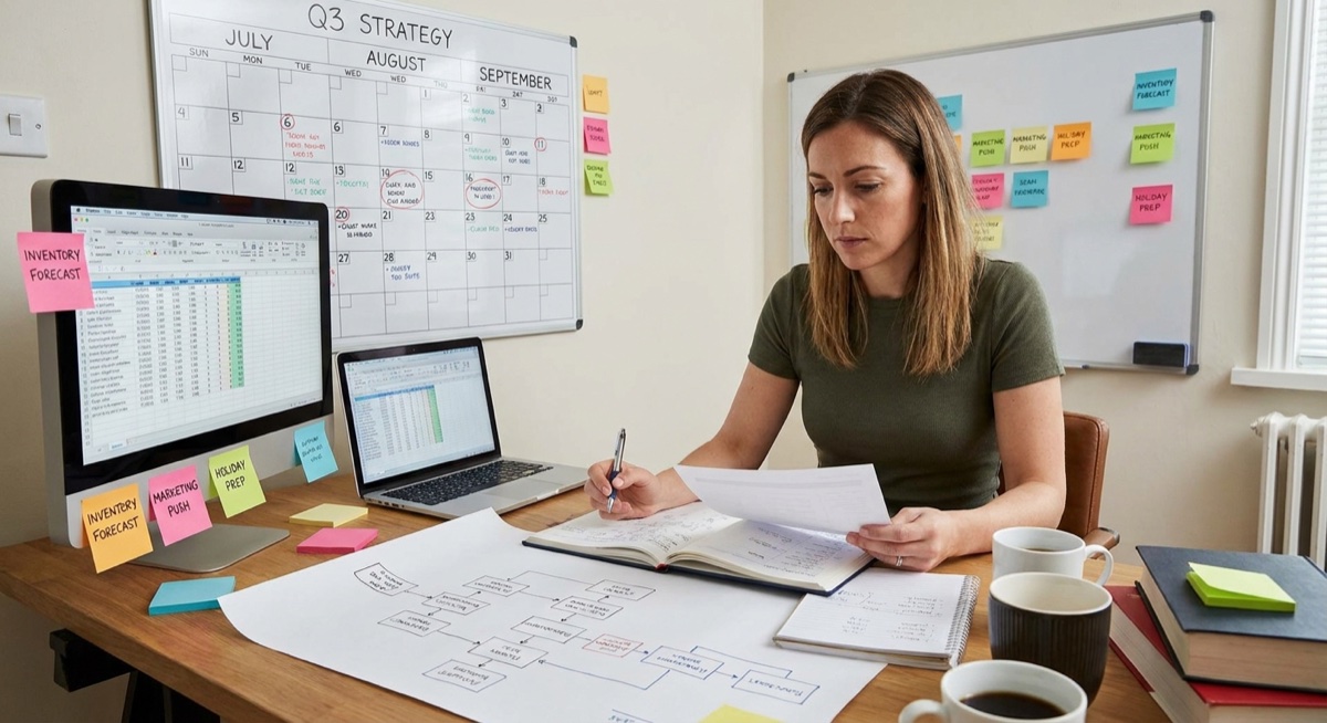 Strategic planning for Q3 ecommerce preparation showing calendar and planning documents