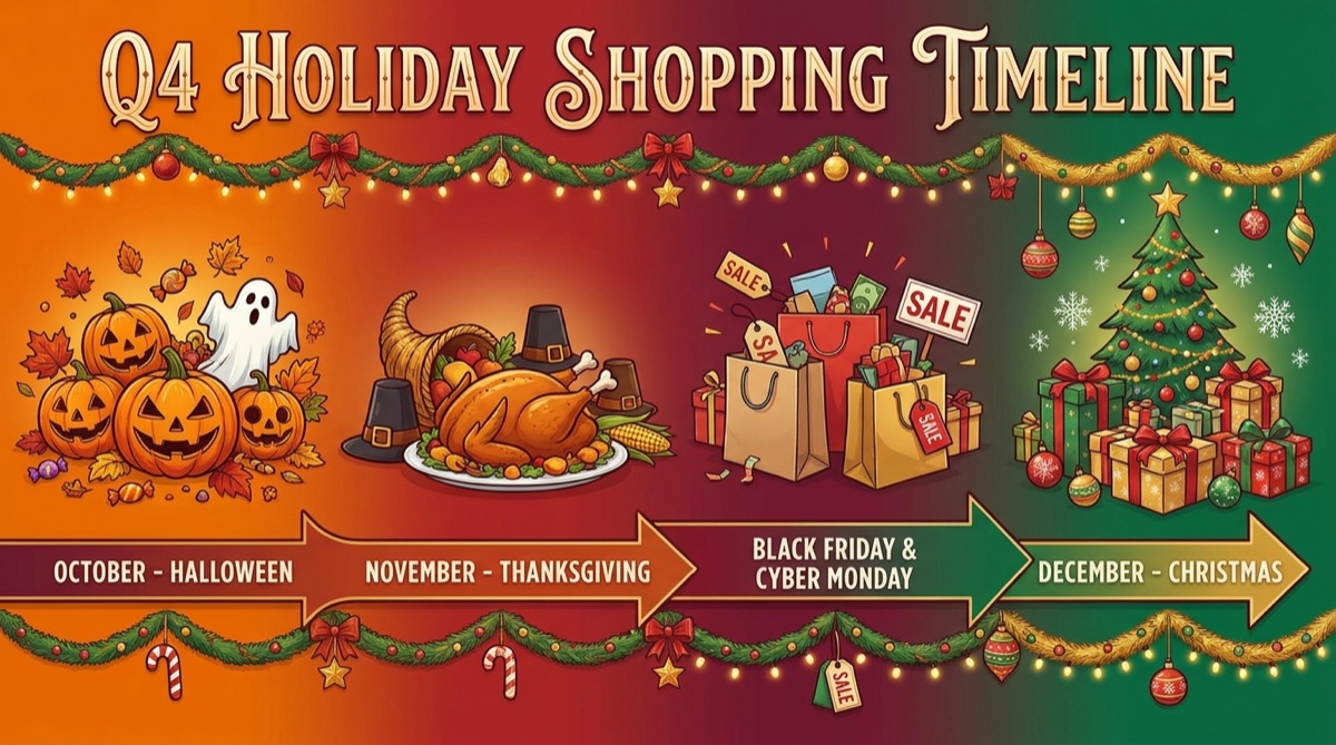 Q4 holiday timeline showing Halloween, Thanksgiving, Black Friday, and Christmas progression