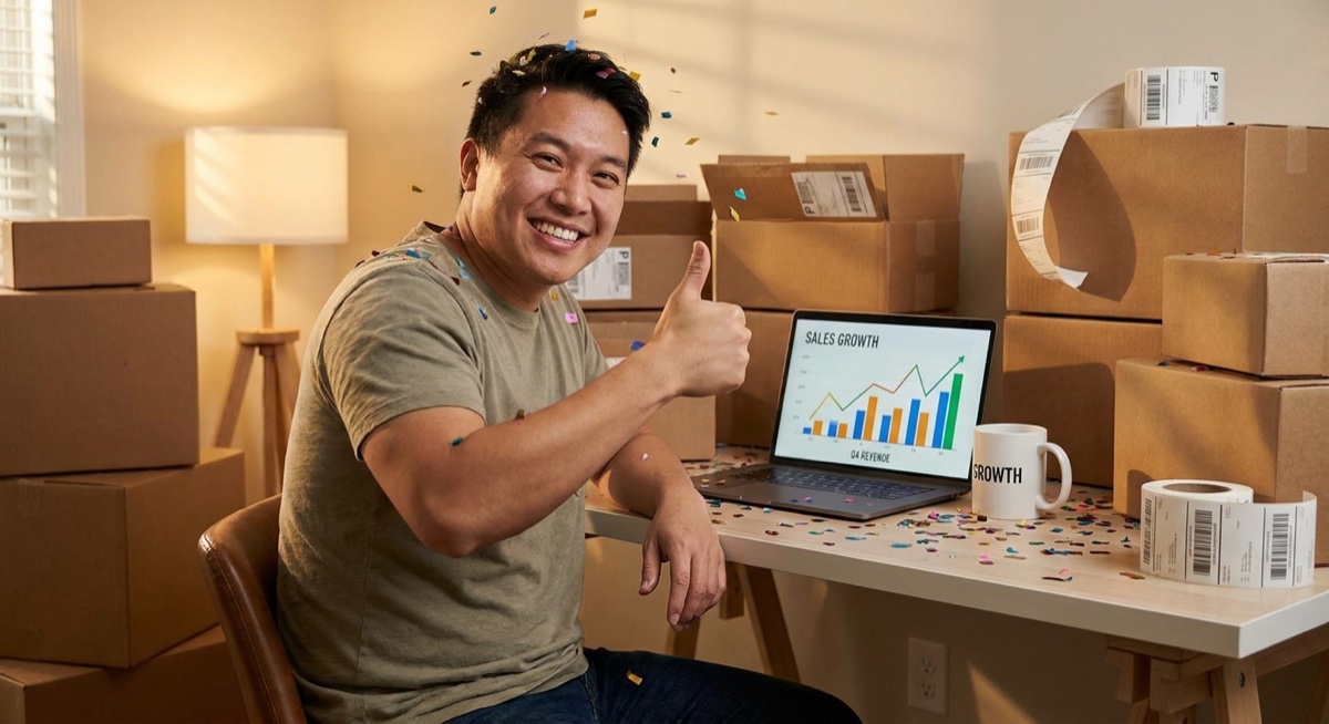 Successful ecommerce entrepreneur celebrating with positive analytics and shipping boxes