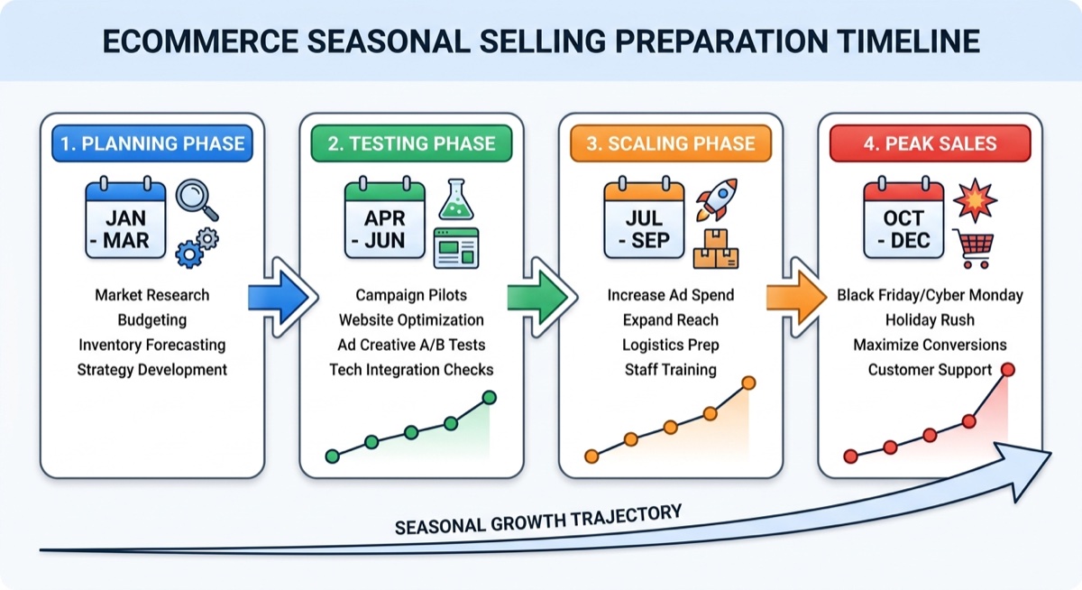 Timeline showing preparation phases for seasonal ecommerce selling with planning, testing, and scaling stages