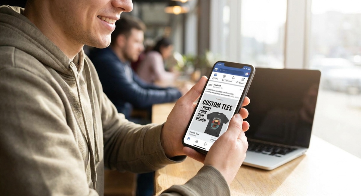 Person scrolling Facebook on smartphone seeing t-shirt ad