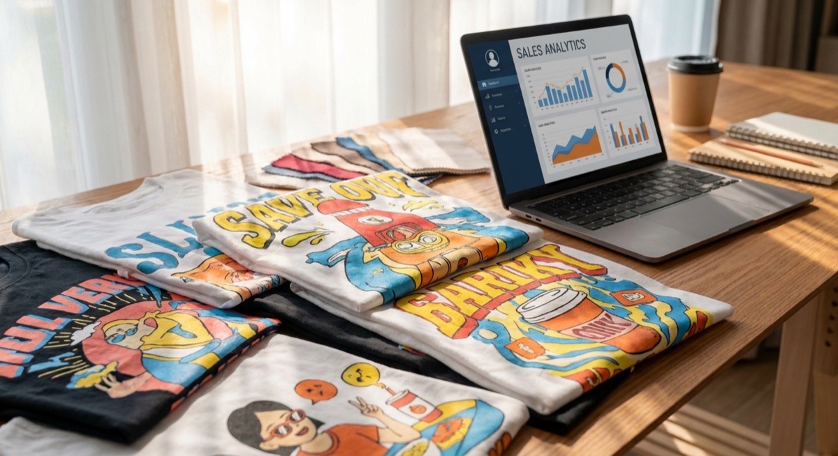 Print on demand designs spread on desk with laptop showing analytics
