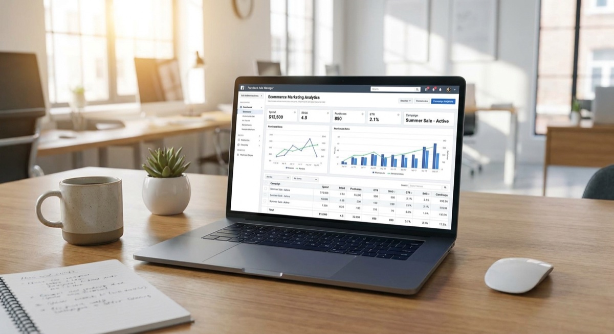 Facebook Ads Manager dashboard on laptop