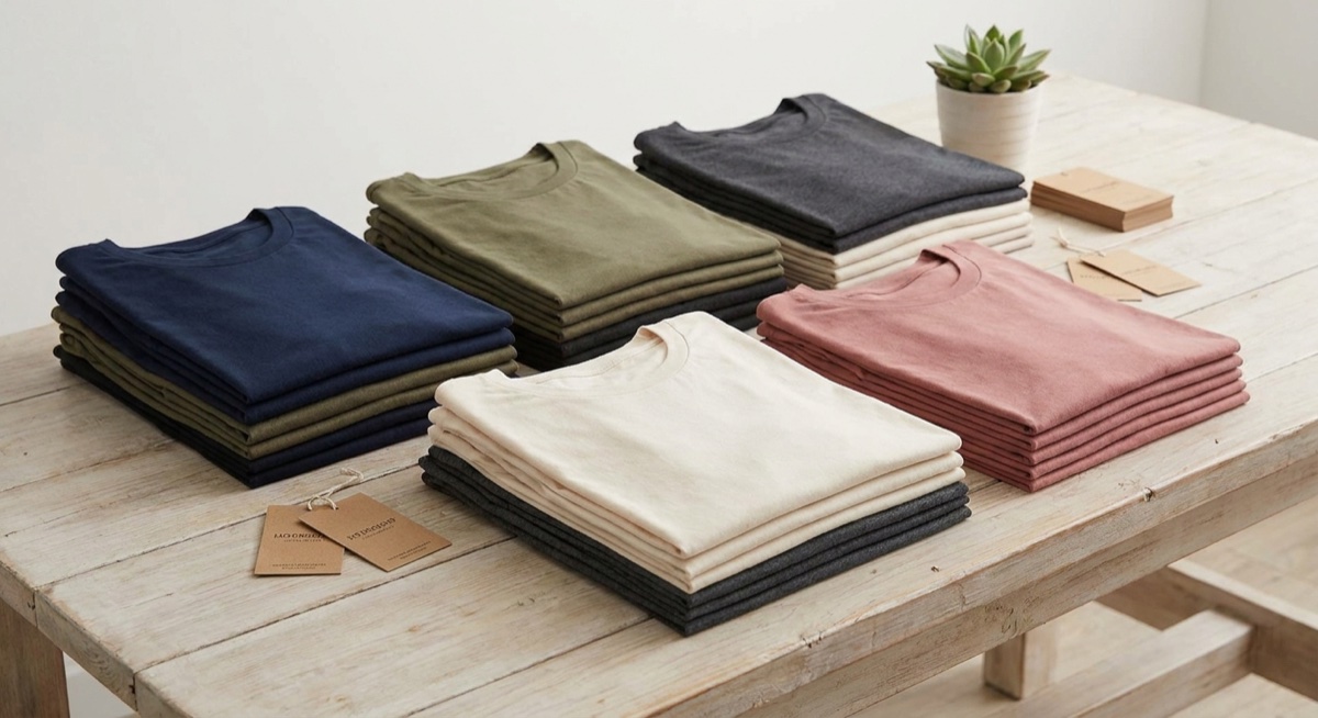 Stacks of t-shirts in various colors