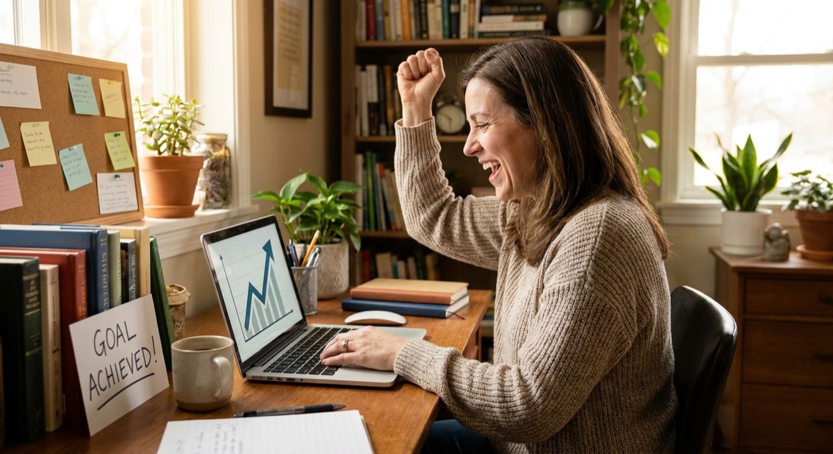 Entrepreneur celebrating success looking at laptop