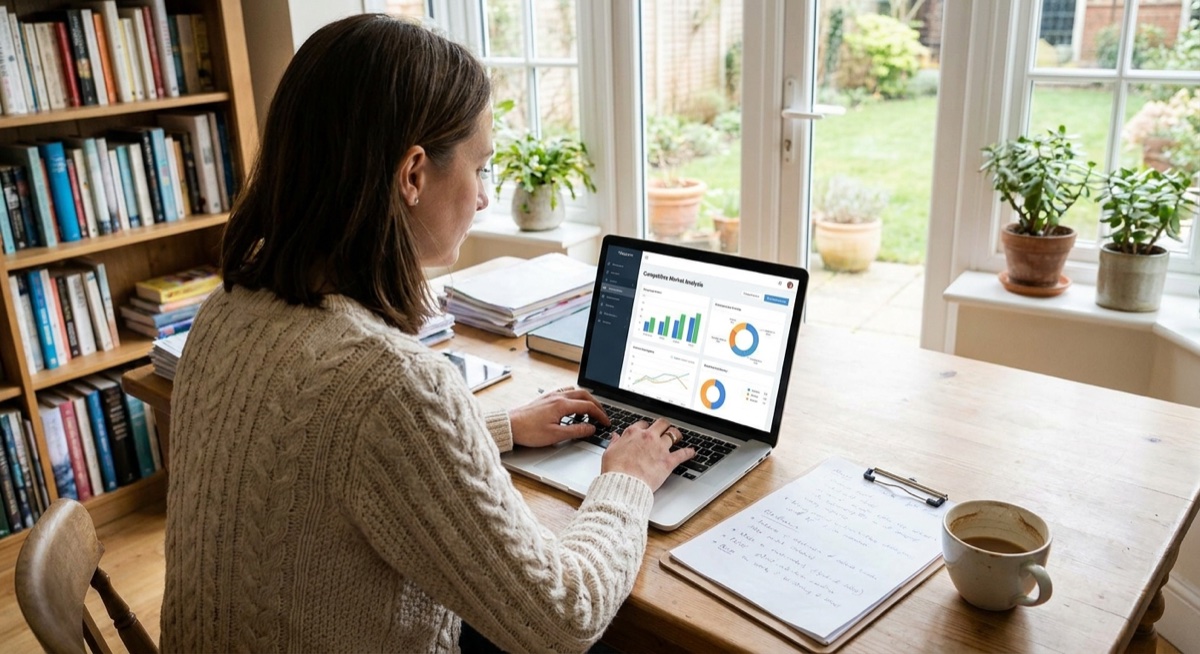 Person researching on laptop with notes