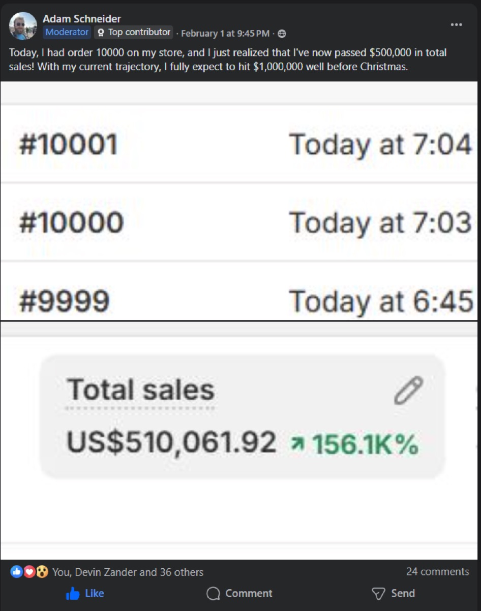 Adam Schneider celebrating $500K in total sales with over 1,000 orders