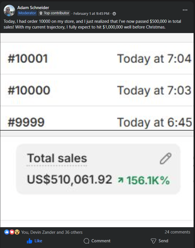 Adam Schneider reached 1000 orders and $500K total sales with Shopify print on demand