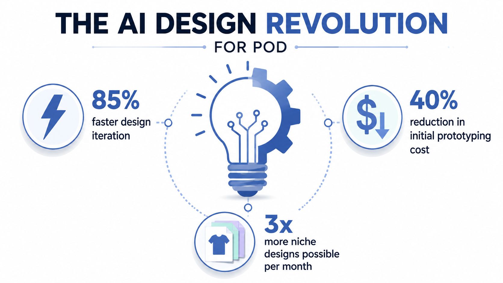An infographic showing the benefits of using AI for print-on-demand, including faster design and lower costs.