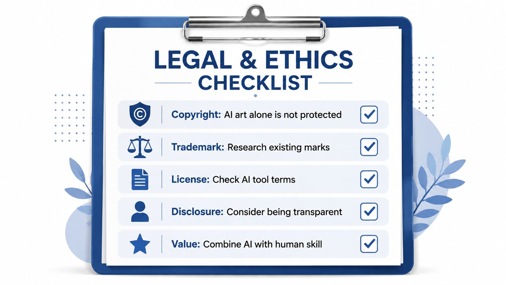 A clipboard featuring a checklist titled Legal and Ethics Checklist for AI-generated artwork and creative projects.