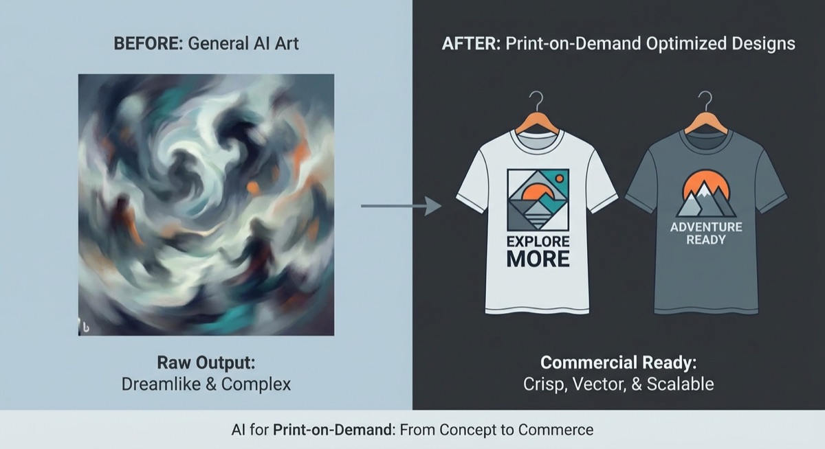 Comparison between general AI art and POD-optimized designs