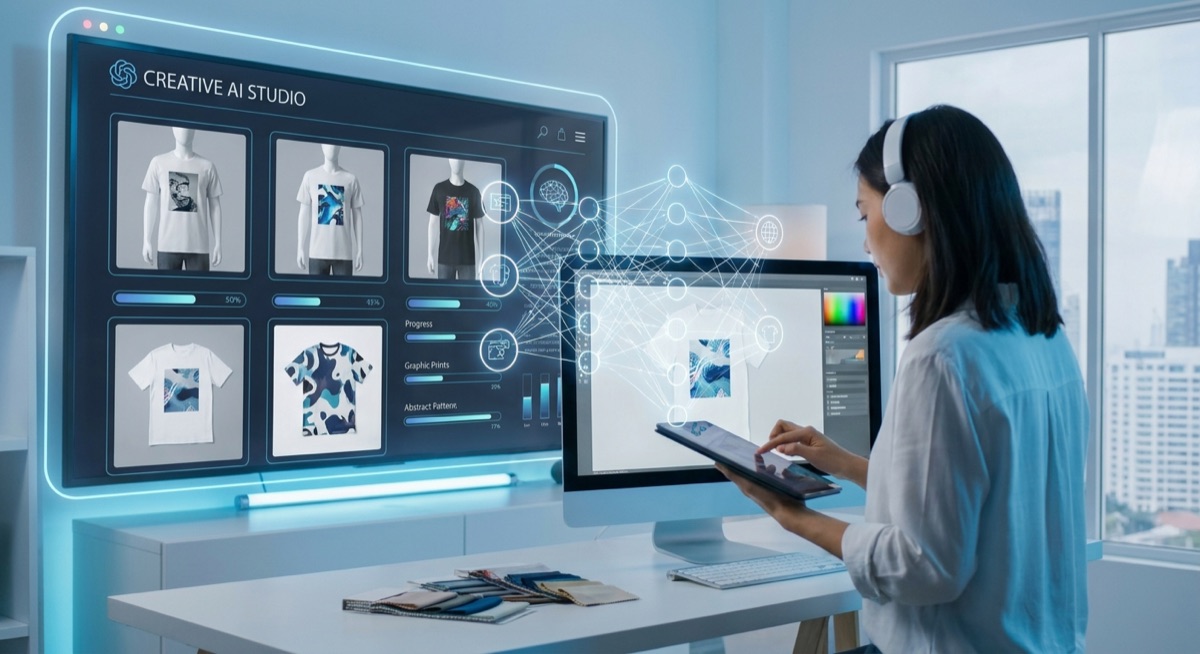 AvatarIQ AI design interface generating print-on-demand apparel designs