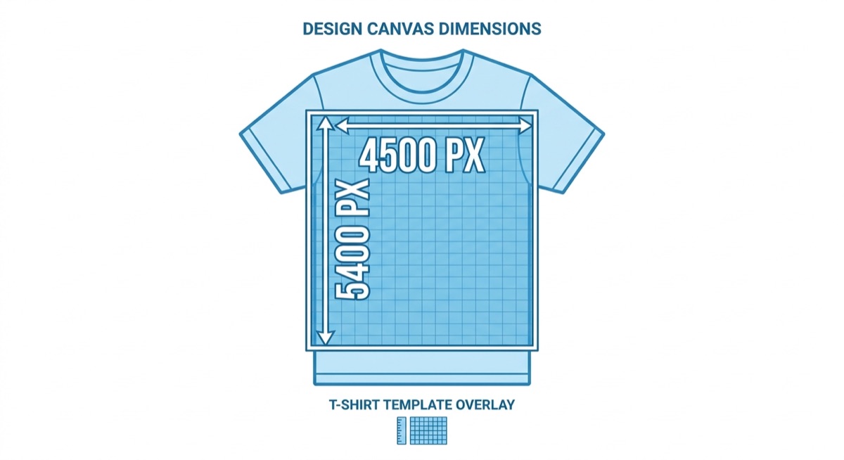 Canva canvas dimensions diagram showing 4500x5400 pixels for t-shirt designs