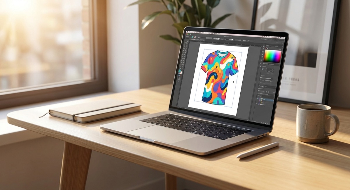 Creative workspace with laptop showing Canva design interface for print on demand