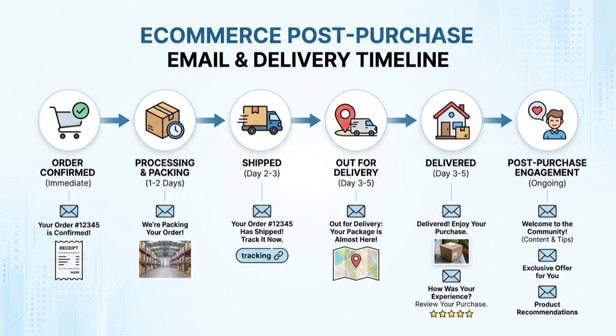 Post-purchase email sequence from order confirmation to review request