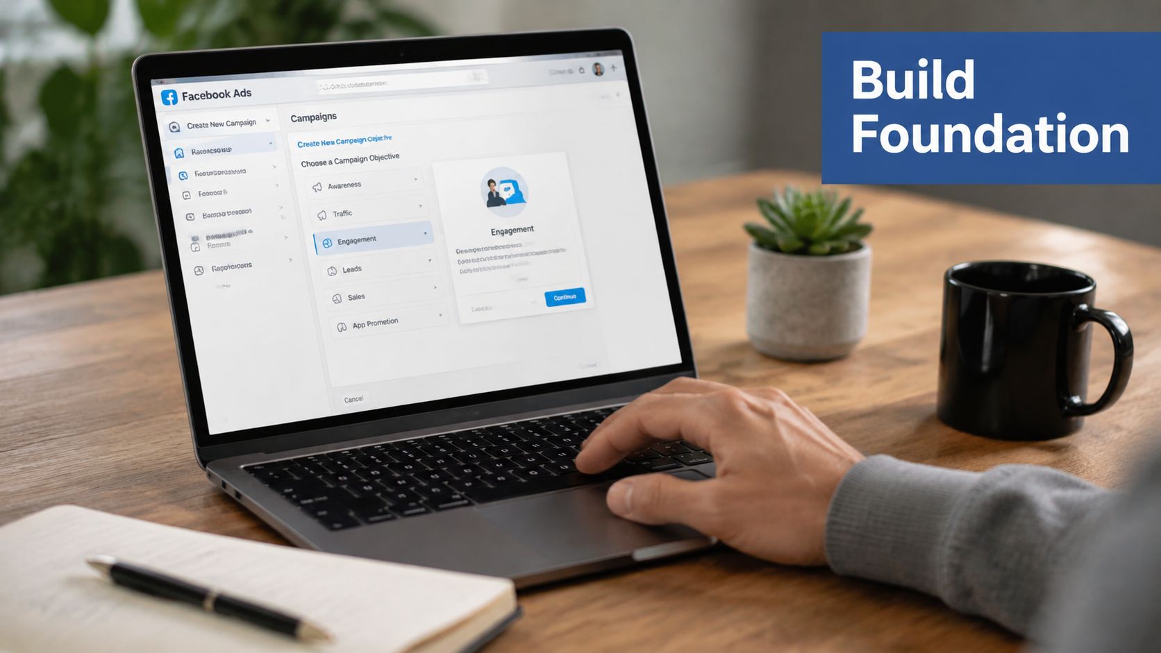 A person using a laptop to set up a new Facebook ads campaign with an engagement objective.