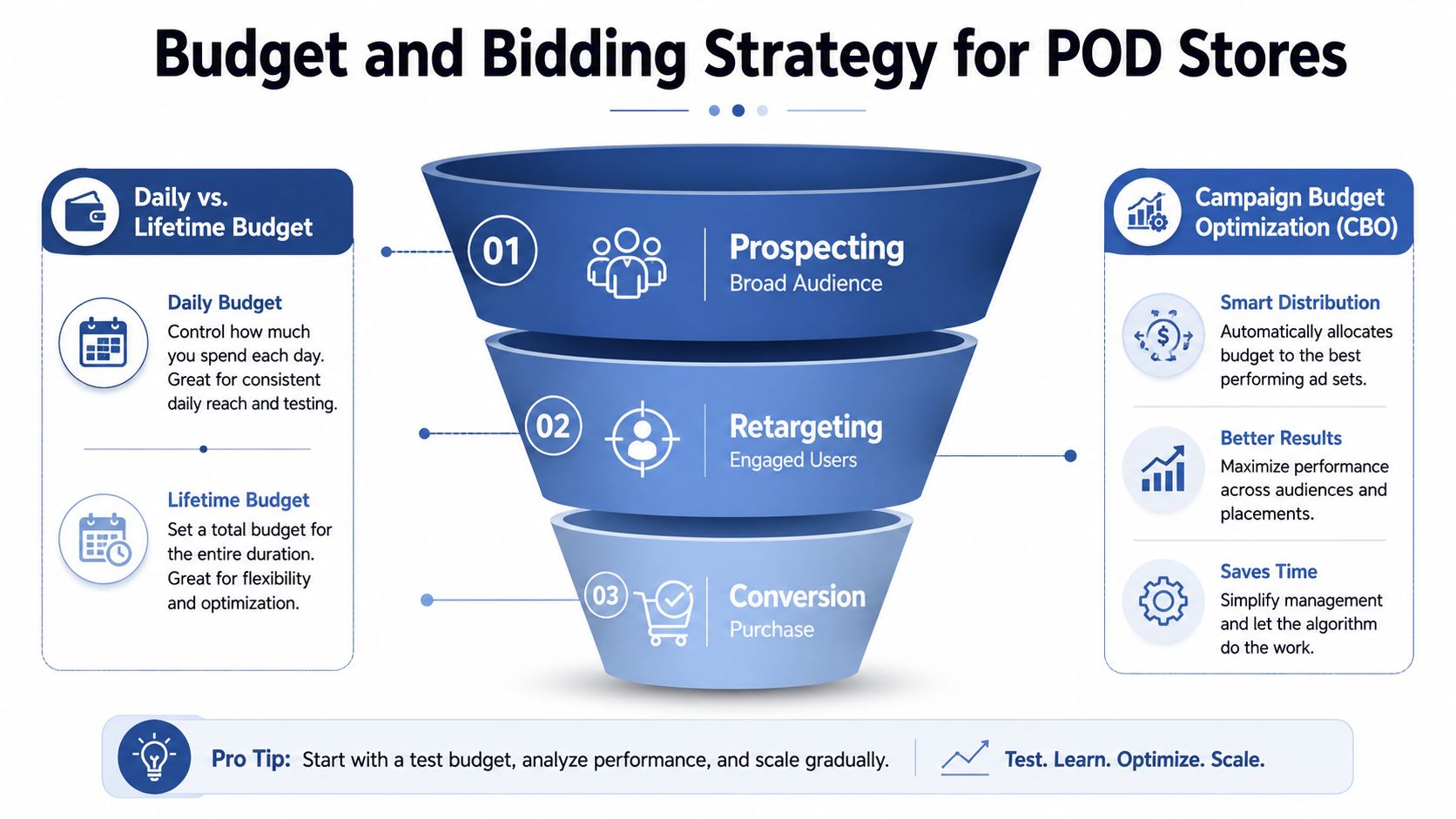 A marketing funnel infographic illustrating budget and bidding strategies for print on demand ecommerce stores.